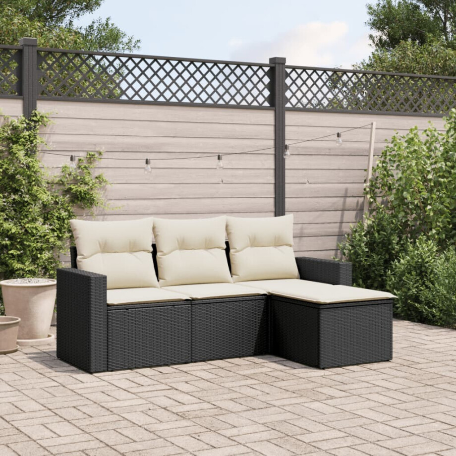 vidaXL 4-delige Loungeset met kussens poly rattan zwart afbeelding 1