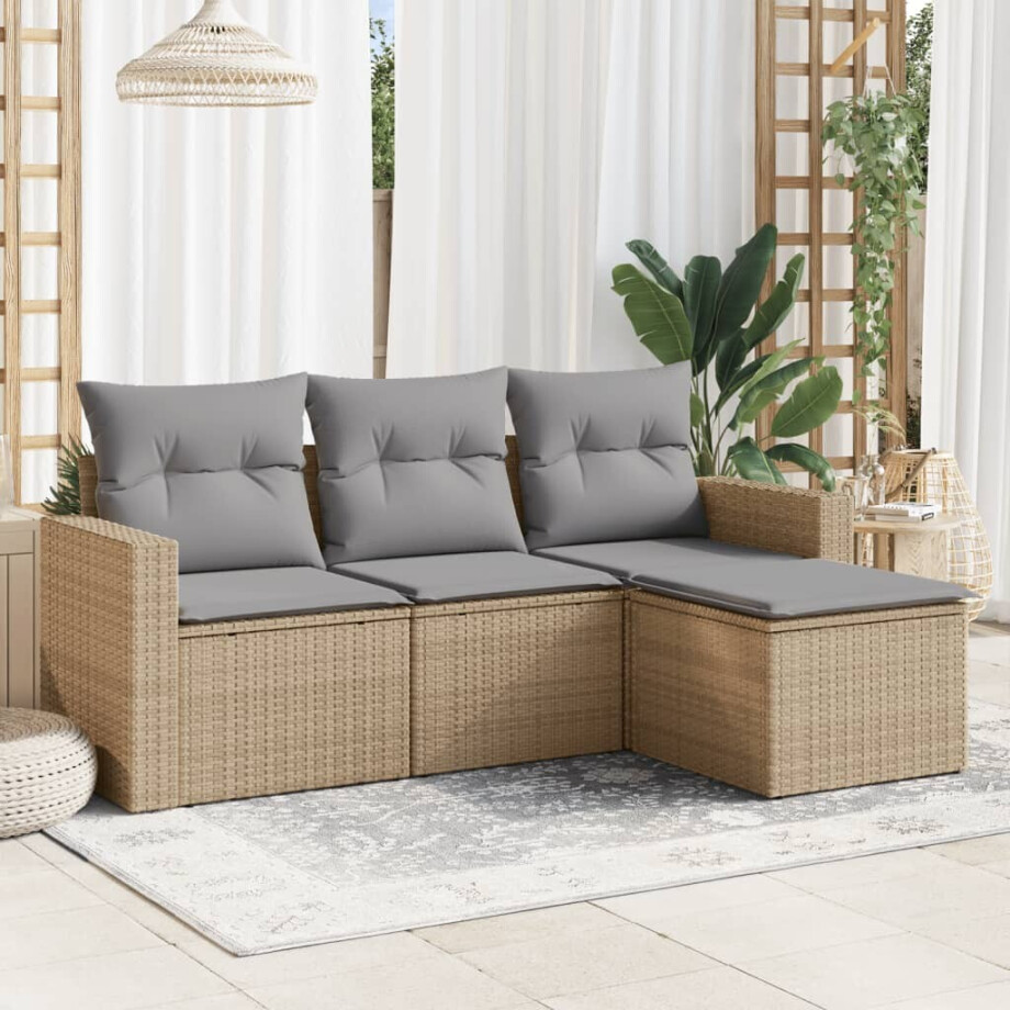 vidaXL 4-delige Loungeset met kussens poly rattan beige afbeelding 1