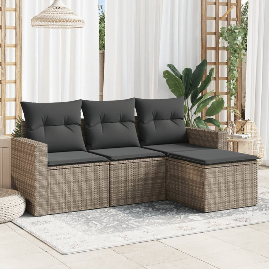 vidaXL 4-delige Loungeset met kussens poly rattan grijs vidaXL 4-delige Loungeset met kussens poly rattan grijs afbeelding 1