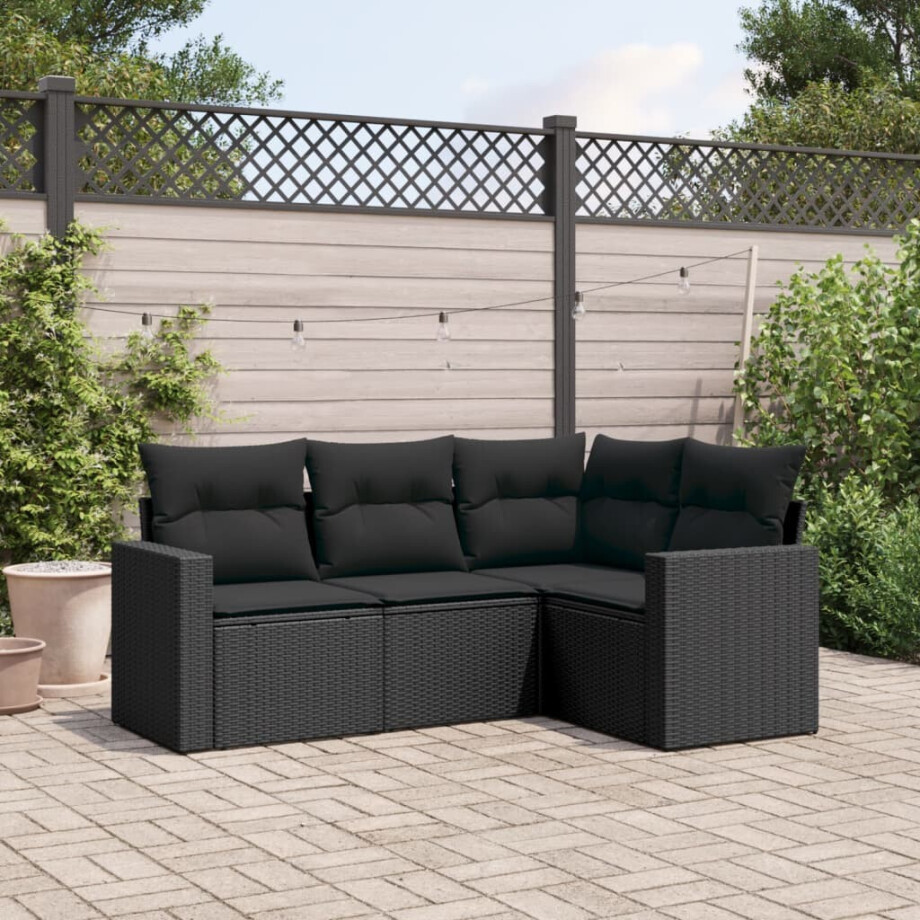 vidaXL 4-delige Loungeset met kussens poly rattan zwart afbeelding 1
