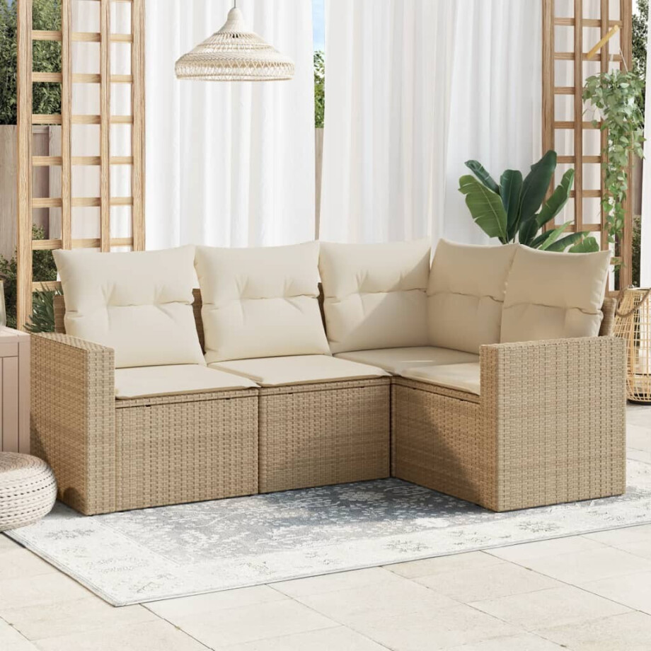 vidaXL 4-delige Loungeset met kussens poly rattan beige afbeelding 1