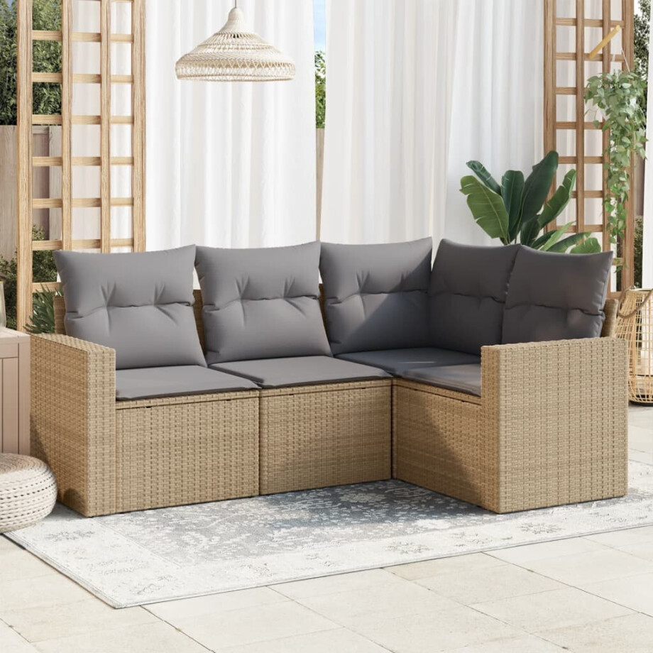 vidaXL 4-delige Loungeset met kussens poly rattan beige vidaXL 4-delige Loungeset met kussens poly rattan beige afbeelding 1