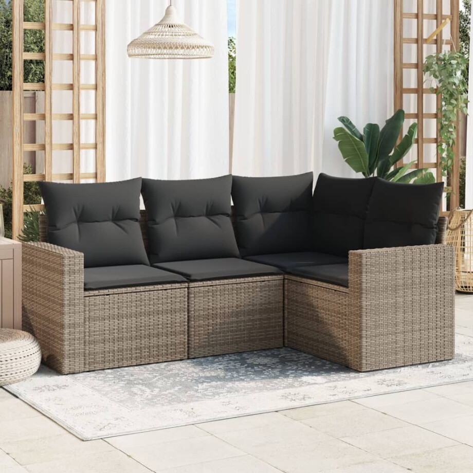 vidaXL 4-delige Loungeset met kussens poly rattan grijs vidaXL 4-delige Loungeset met kussens poly rattan grijs afbeelding 1