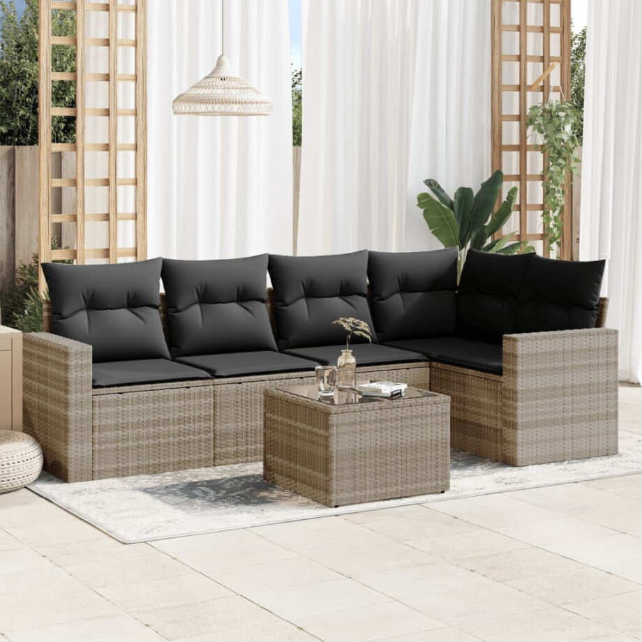 vidaXL 6-delige Loungeset met kussens poly rattan lichtgrijs afbeelding 1