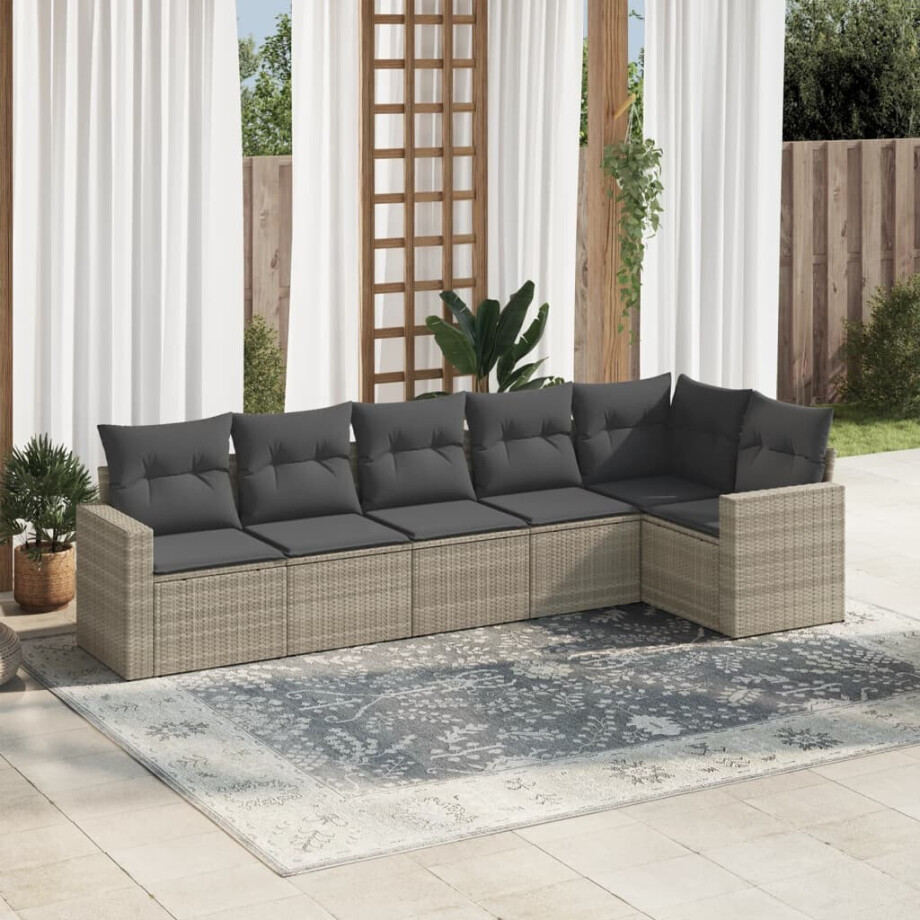 vidaXL 6-delige Loungeset met kussens poly rattan lichtgrijs afbeelding 1