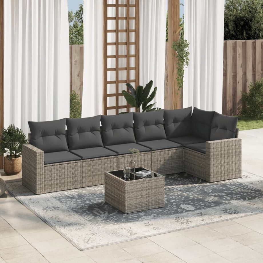 vidaXL 7-delige Loungeset met kussens poly rattan grijs vidaXL 7-delige Loungeset met kussens poly rattan grijs afbeelding 1