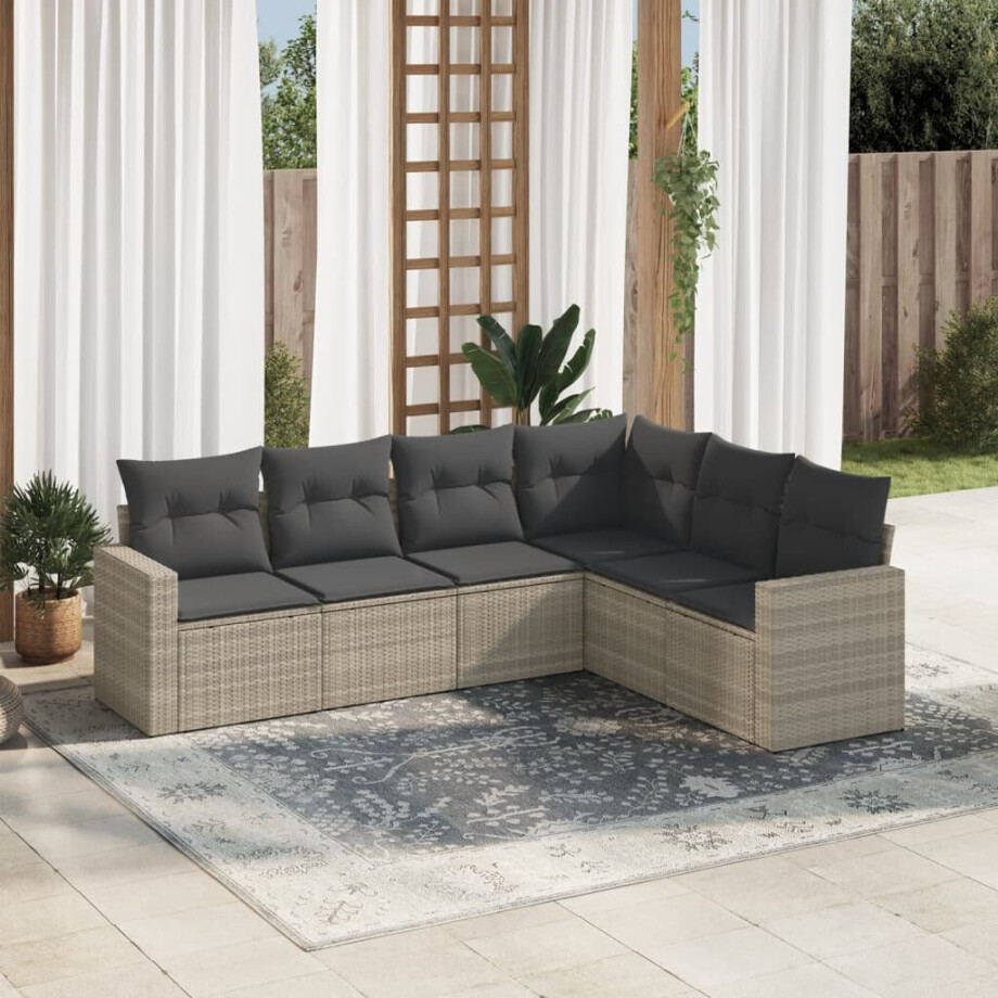 vidaXL 6-delige Loungeset met kussens poly rattan lichtgrijs afbeelding 1