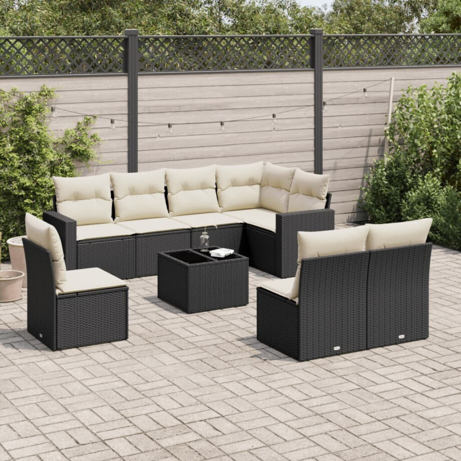 vidaXL 9-delige Loungeset met kussens poly rattan zwart vidaXL 9-delige Loungeset met kussens poly rattan zwart afbeelding 1
