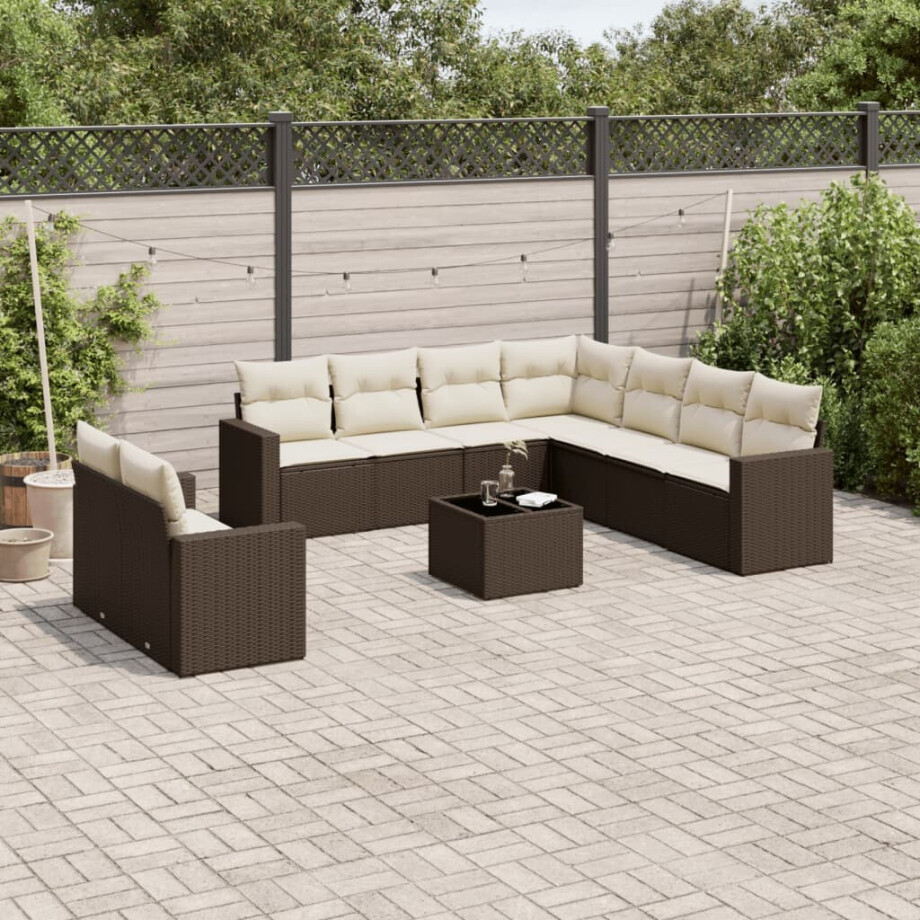 vidaXL 10-delige Loungeset met kussens poly rattan bruin afbeelding 1