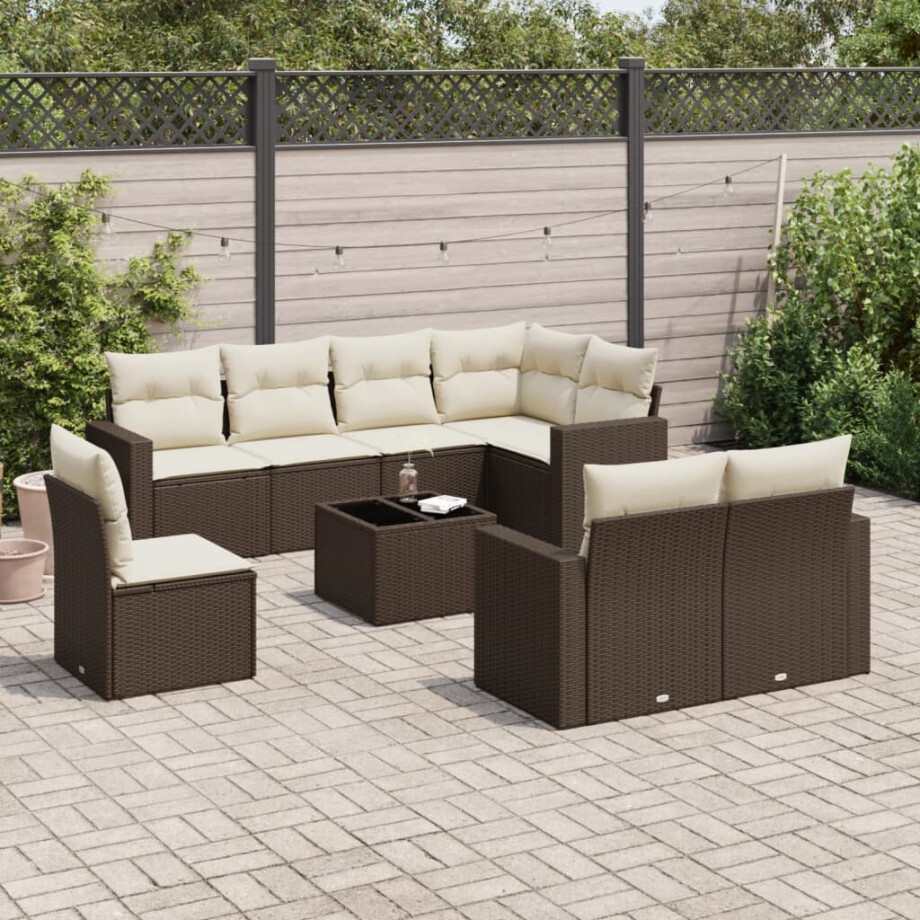 vidaXL 9-delige Loungeset met kussens poly rattan bruin afbeelding 1