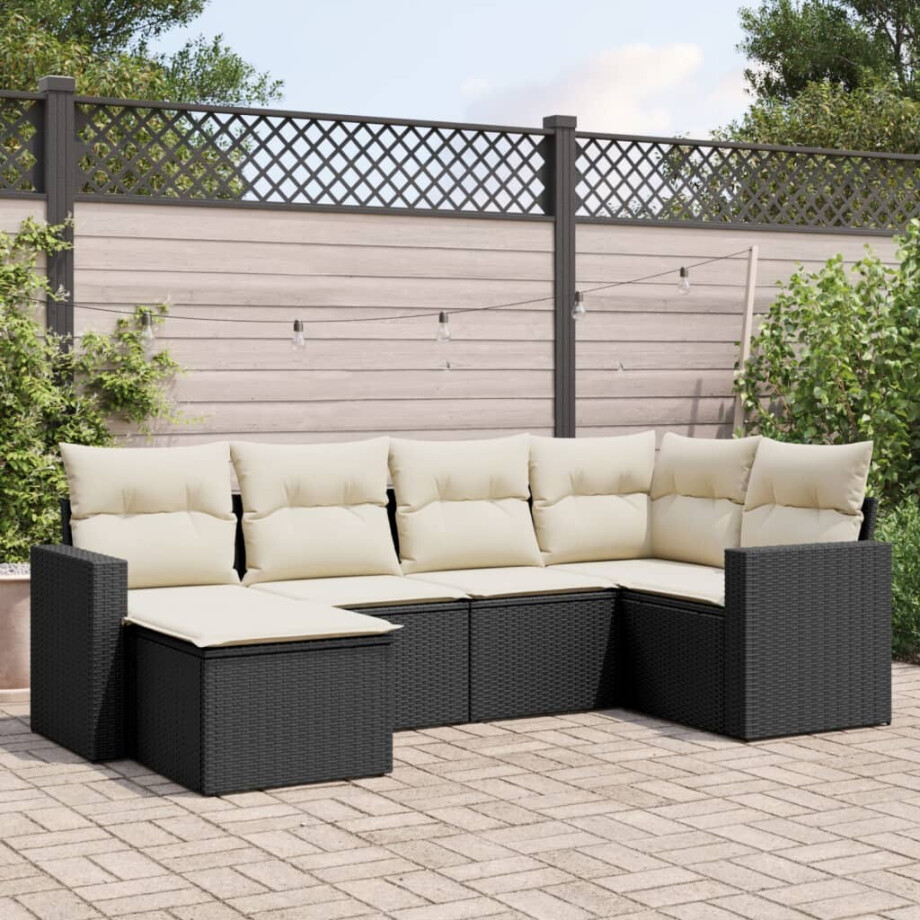 vidaXL 6-delige Loungeset met kussens poly rattan zwart afbeelding 1