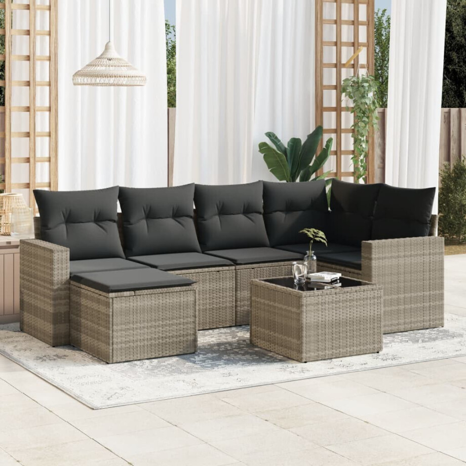 vidaXL 7-delige Loungeset met kussens poly rattan lichtgrijs afbeelding 1