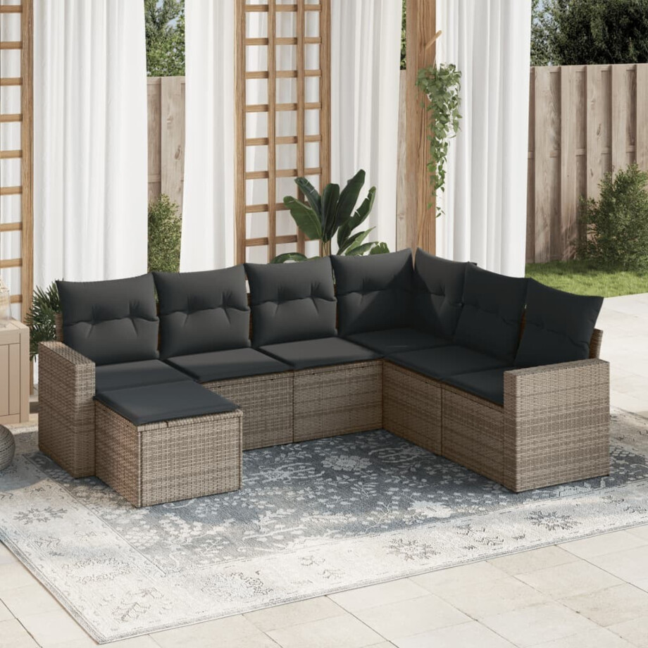 vidaXL 7-delige Loungeset met kussens poly rattan grijs afbeelding 1