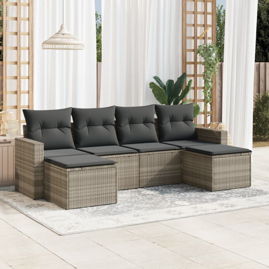vidaXL 6-delige Loungeset met kussens poly rattan lichtgrijs afbeelding 1