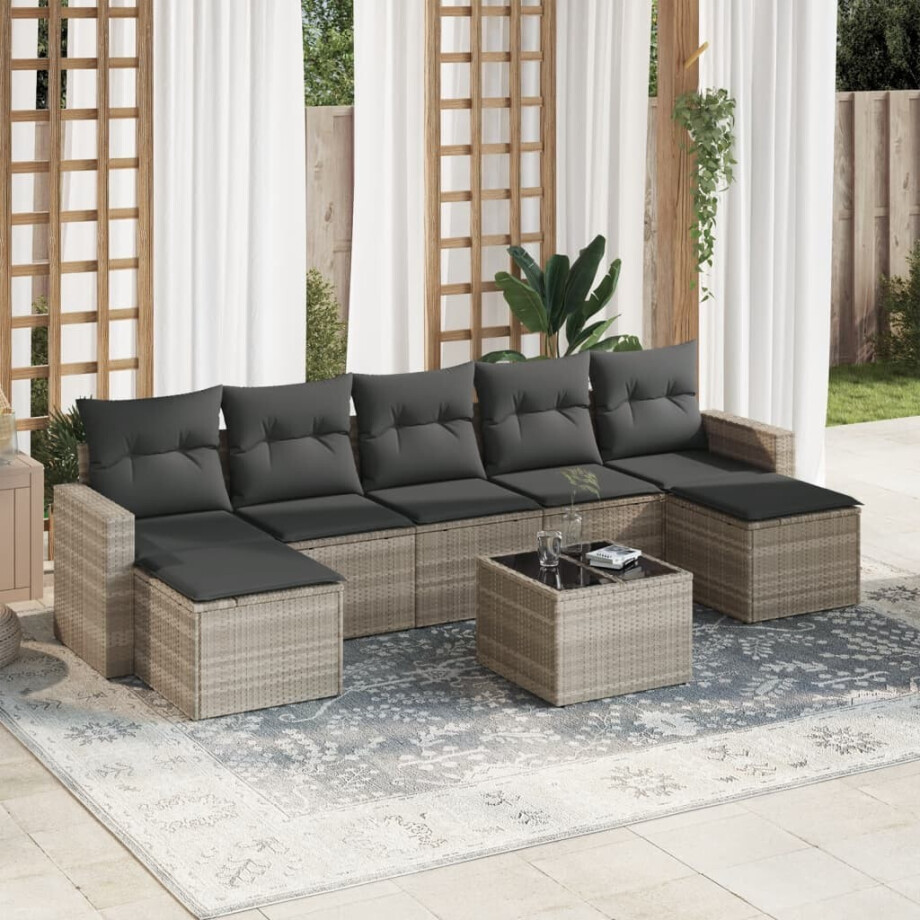 vidaXL 8-delige Loungeset met kussens poly rattan lichtgrijs afbeelding 1