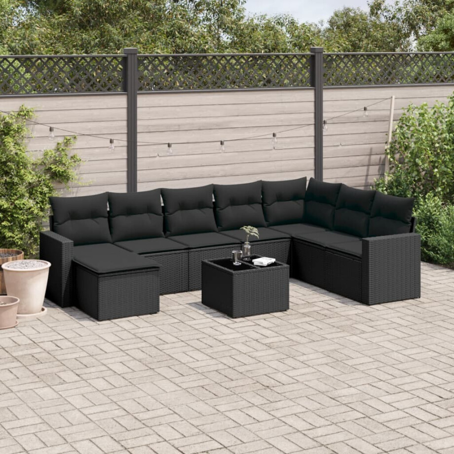 vidaXL 9-delige Loungeset met kussens poly rattan zwart vidaXL 9-delige Loungeset met kussens poly rattan zwart afbeelding 1