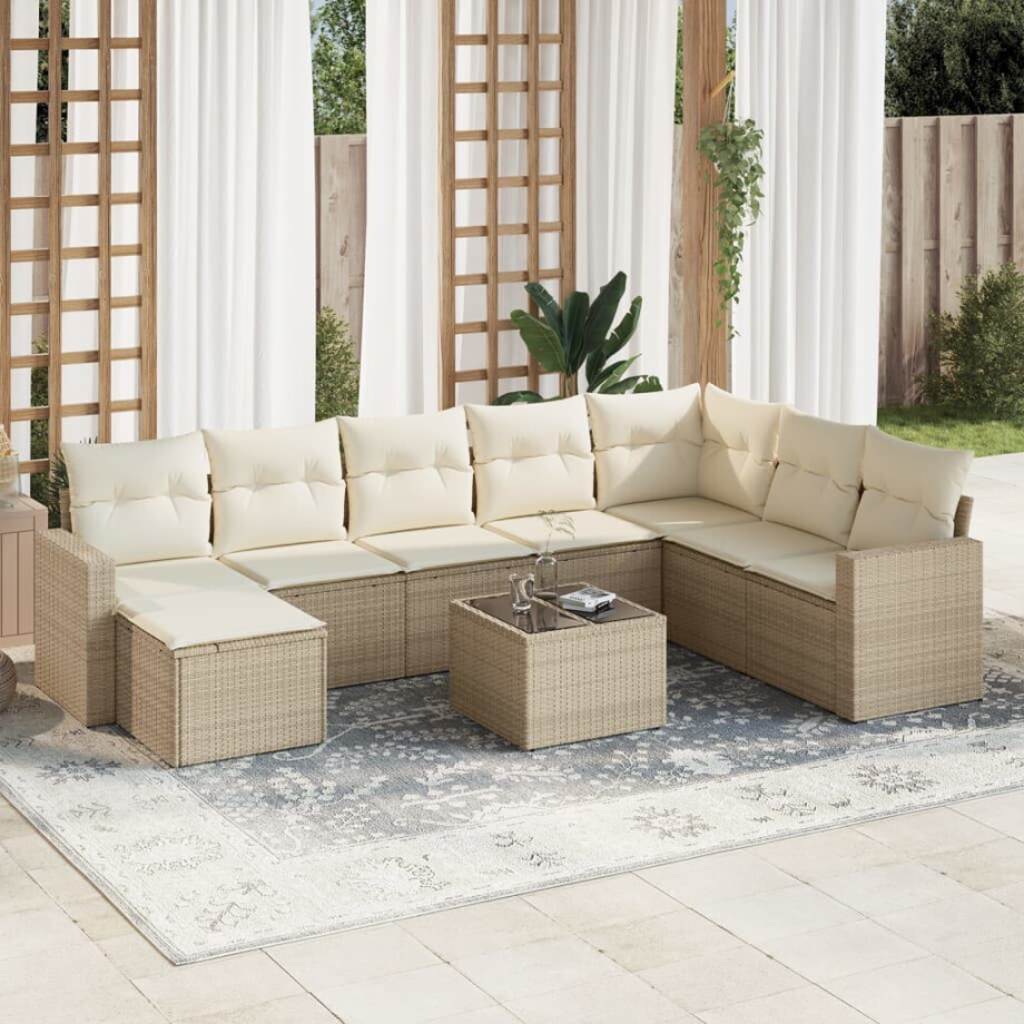 vidaXL 9-delige Loungeset met kussens poly rattan beige afbeelding 1