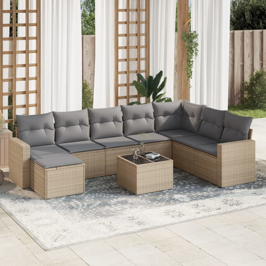 vidaXL 9-delige Loungeset met kussens poly rattan beige afbeelding 1