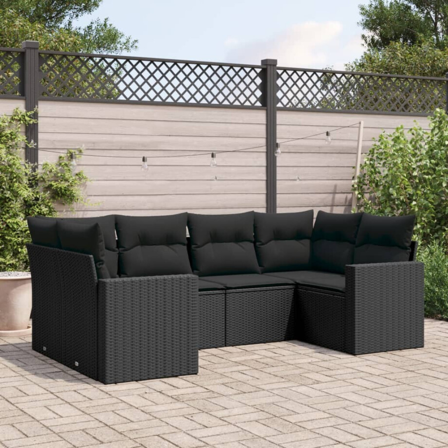 vidaXL 6-delige Loungeset met kussens poly rattan zwart afbeelding 1