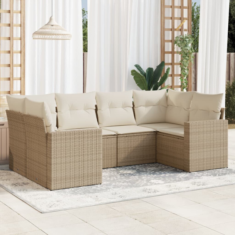 vidaXL 6-delige Loungeset met kussens poly rattan beige afbeelding 1