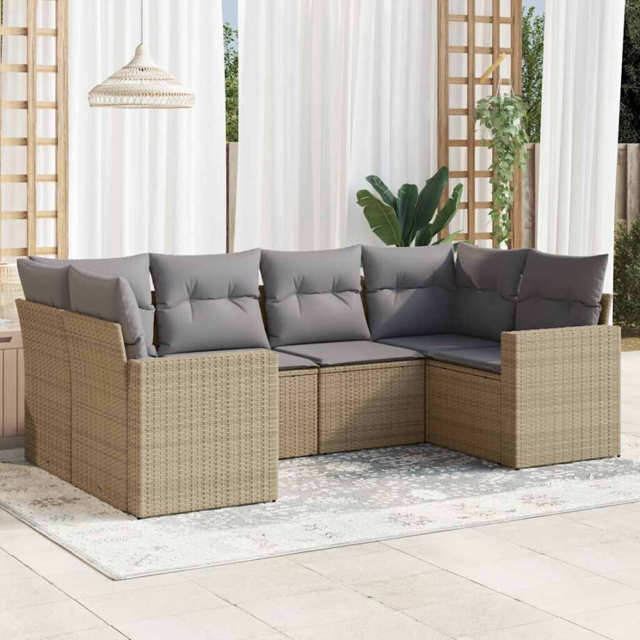 vidaXL 6-delige Loungeset met kussens poly rattan beige afbeelding 1