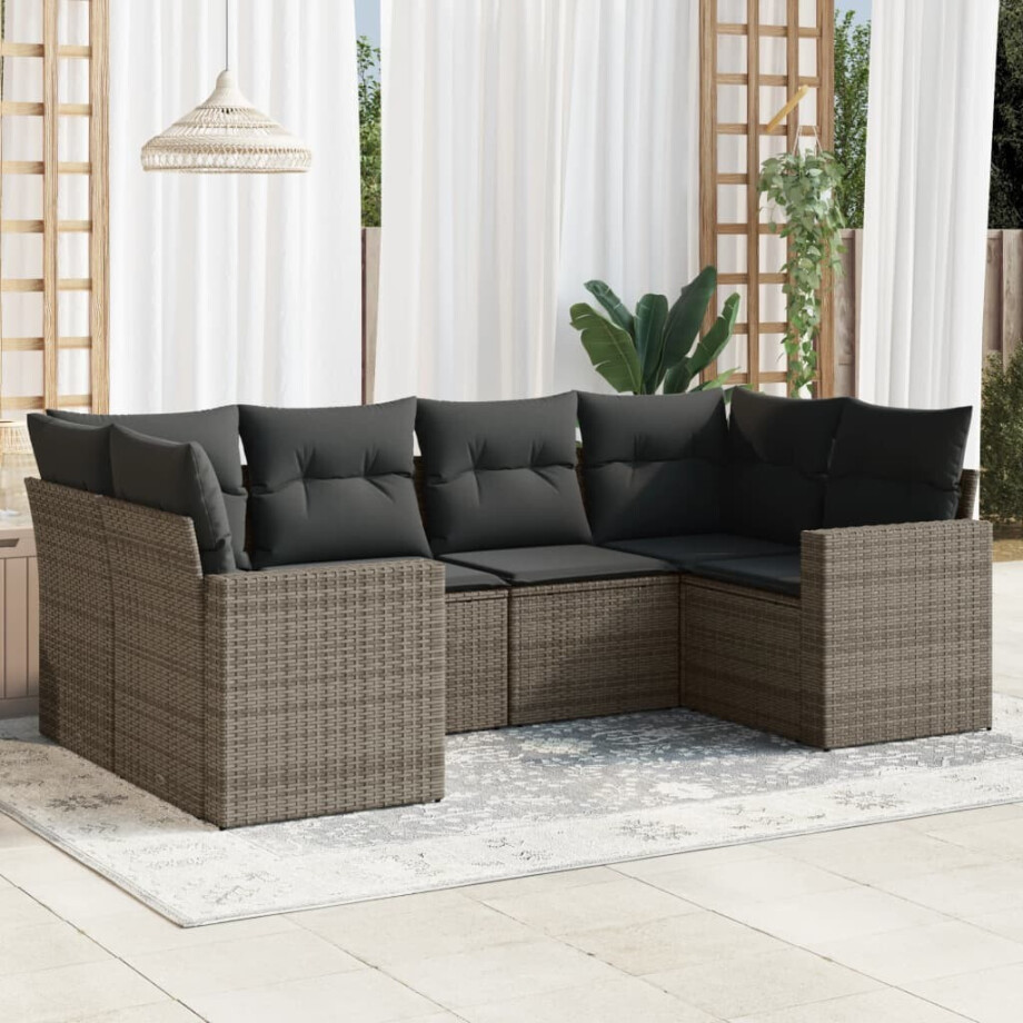 vidaXL 6-delige Loungeset met kussens poly rattan grijs afbeelding 1