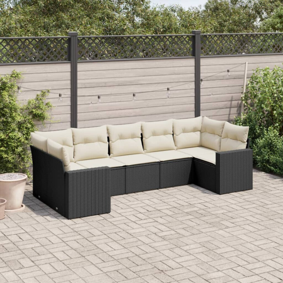 vidaXL 7-delige Loungeset met kussens poly rattan zwart afbeelding 1