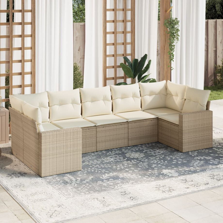 vidaXL 7-delige Loungeset met kussens poly rattan beige afbeelding 1