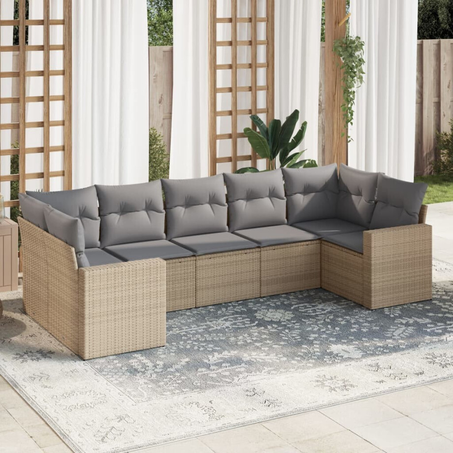 vidaXL 7-delige Loungeset met kussens poly rattan beige afbeelding 1