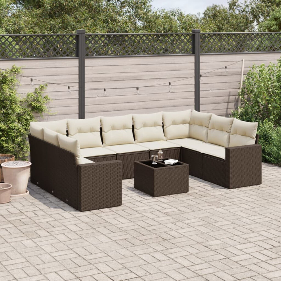 vidaXL 10-delige Loungeset met kussens poly rattan bruin afbeelding 1