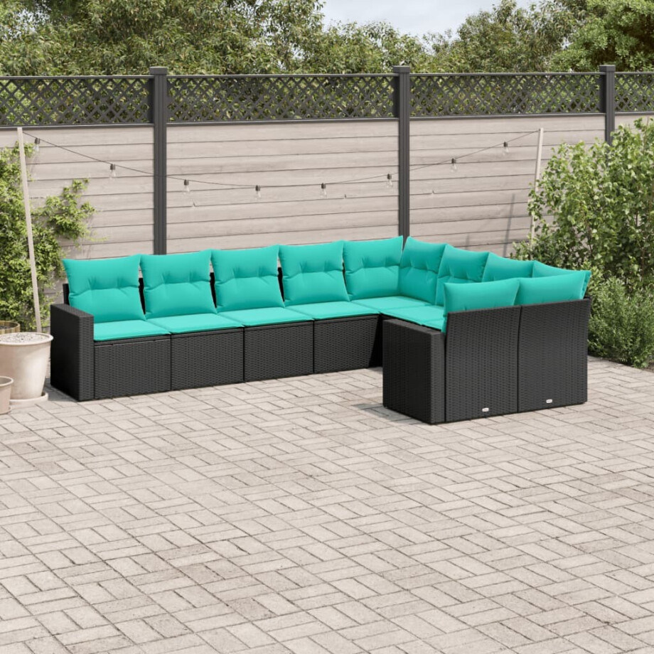 vidaXL 9-delige Loungeset met kussens poly rattan zwart afbeelding 1