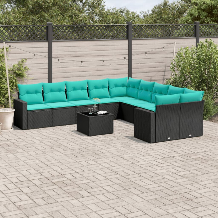 vidaXL 11-delige Loungeset met kussens poly rattan zwart afbeelding 1