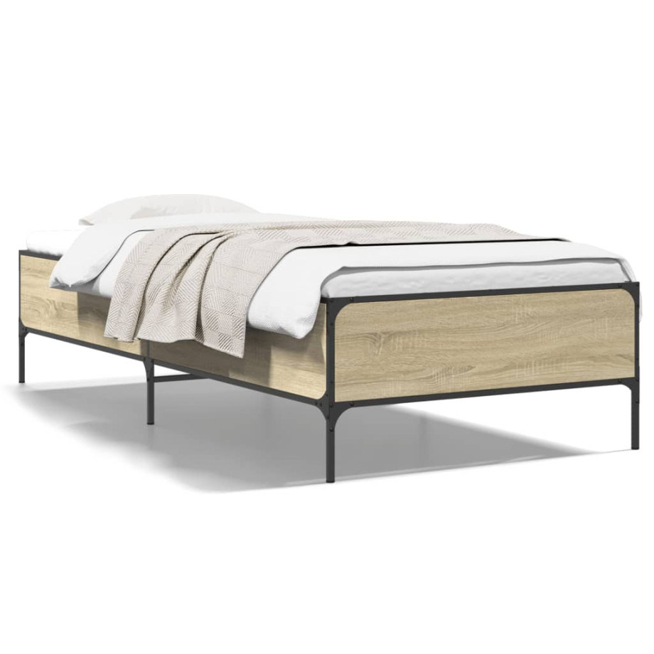 vidaXL Bedframe bewerkt hout en metaal sonoma eikenkleurig 90x200 cm afbeelding 1