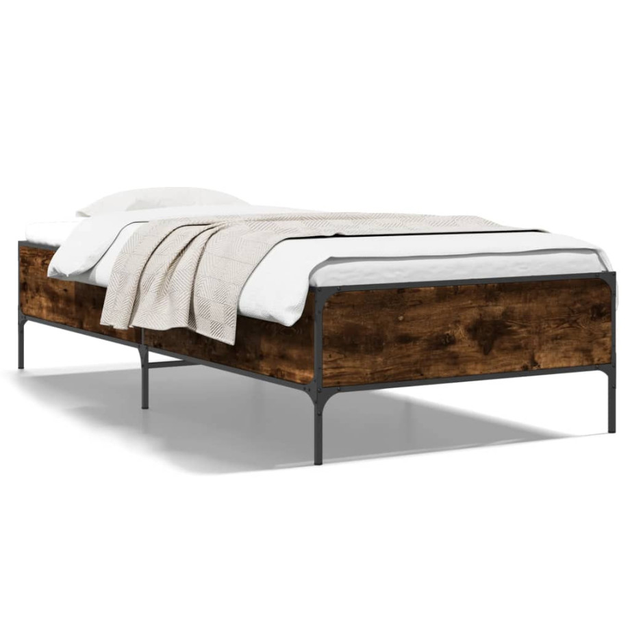 vidaXL Bedframe bewerkt hout en metaal gerookt eikenkleurig 90x200 cm afbeelding 1