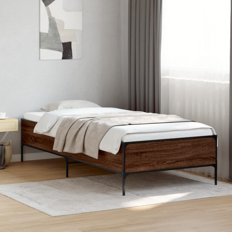 vidaXL Bedframe bewerkt hout en metaal bruin eikenkleurig 75x190 cm vidaXL Bedframe bewerkt hout en metaal bruin eikenkleurig 75x190 cm afbeelding 1