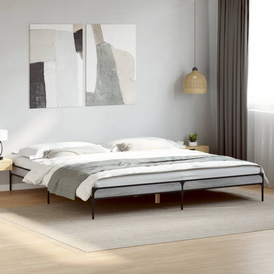 vidaXL Bedframe bewerkt hout metaal grijs sonoma eiken 200x200 cm afbeelding 1