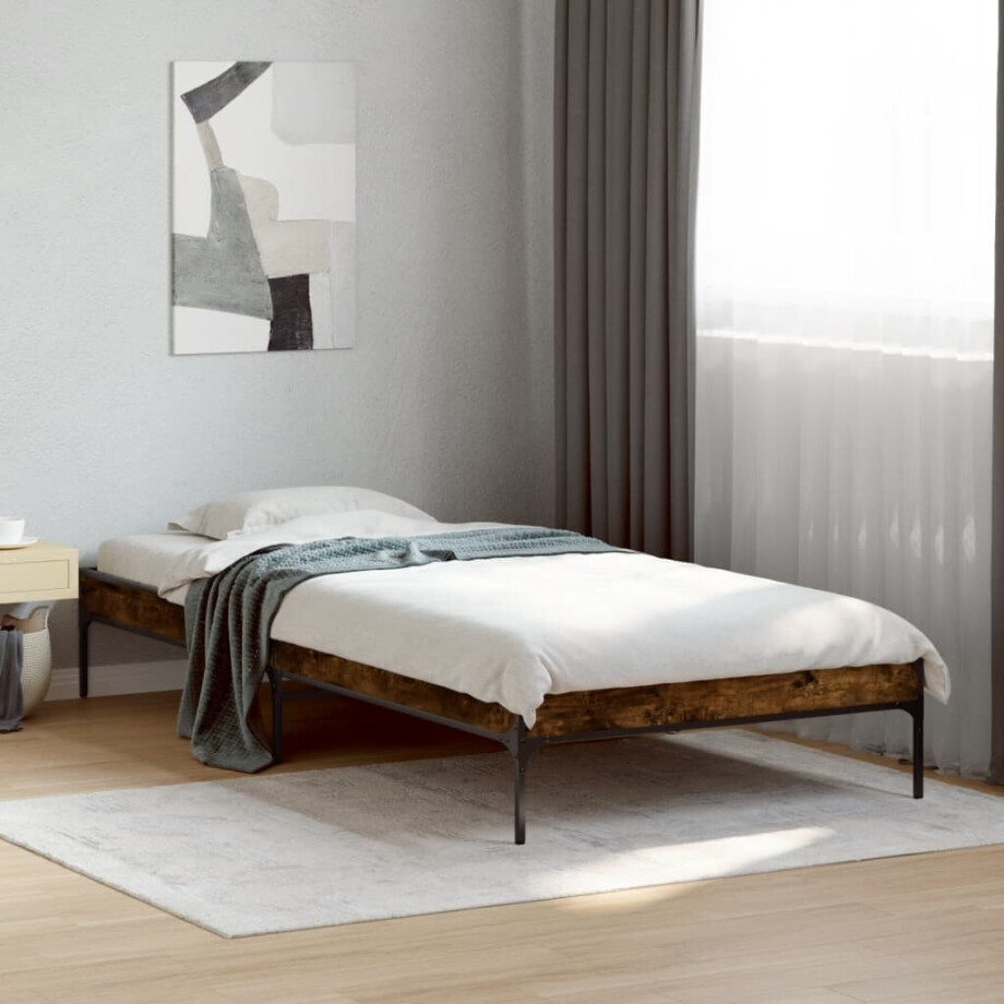 vidaXL Bedframe bewerkt hout en metaal gerookt eikenkleurig 100x200 cm vidaXL Bedframe bewerkt hout en metaal gerookt eikenkleurig 100x200 cm afbeelding 1