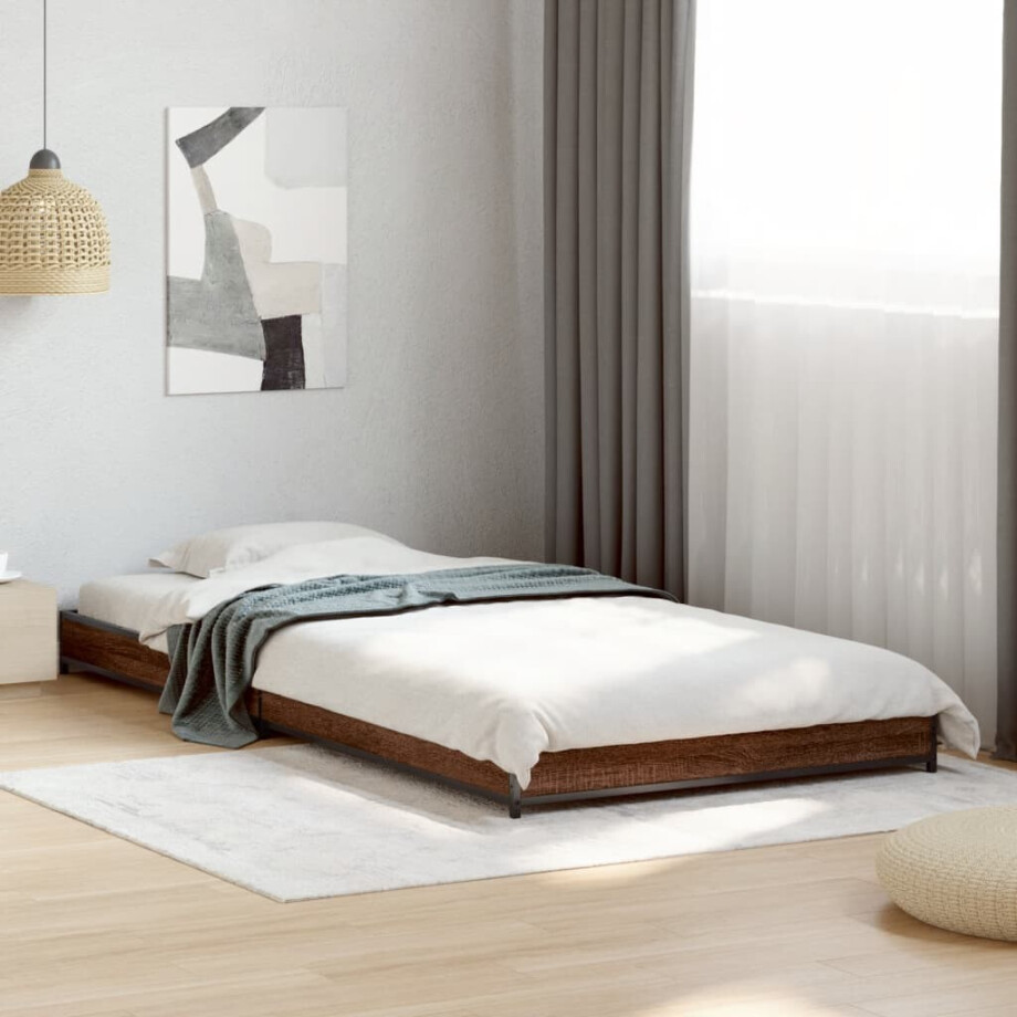 vidaXL Bedframe bewerkt hout en metaal bruin eikenkleurig 75x190 cm afbeelding 1