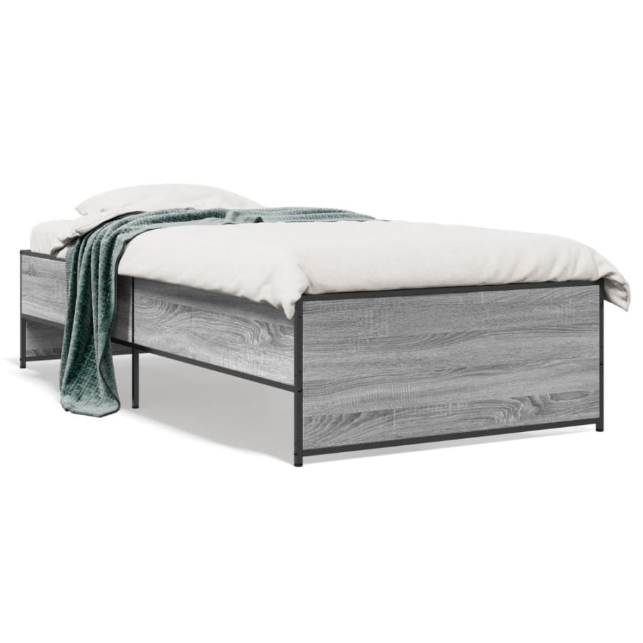 vidaXL Bedframe bewerkt hout en metaal grijs sonoma eiken 75x190 cm vidaXL Bedframe bewerkt hout en metaal grijs sonoma eiken 75x190 cm afbeelding 1