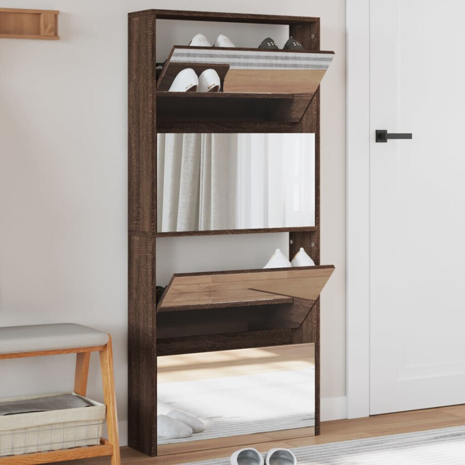 vidaXL Schoenenkast met spiegel 4-laags 63x17x134 cm bruin eikenkleur afbeelding 1