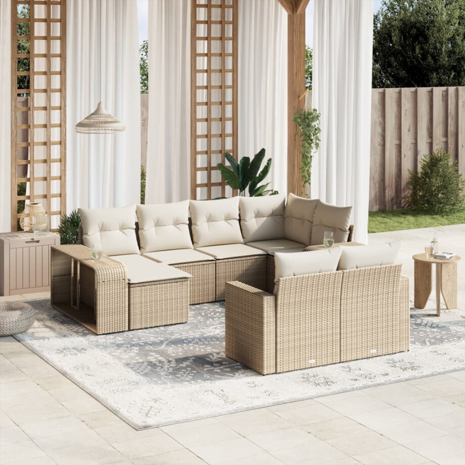 vidaXL 10-delige Loungeset met kussens poly rattan beige afbeelding 1