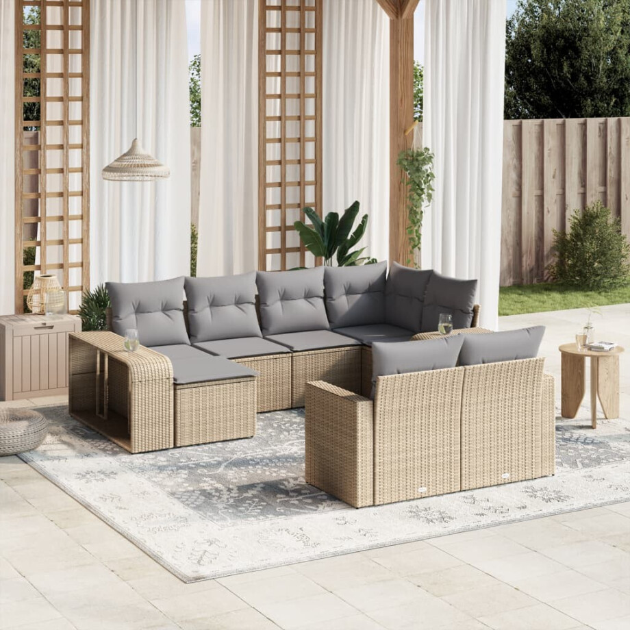 vidaXL 10-delige Loungeset met kussens poly rattan beige afbeelding 1