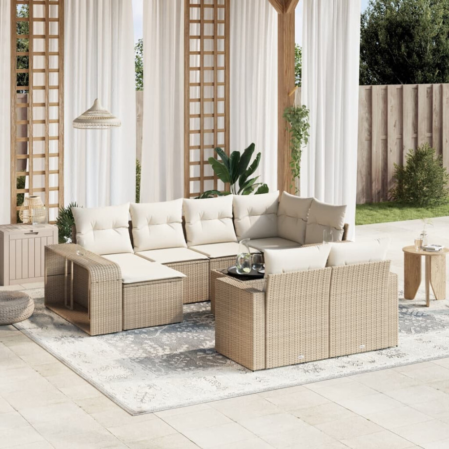 vidaXL 11-delige Tuinset met kussens poly rattan beige afbeelding 1