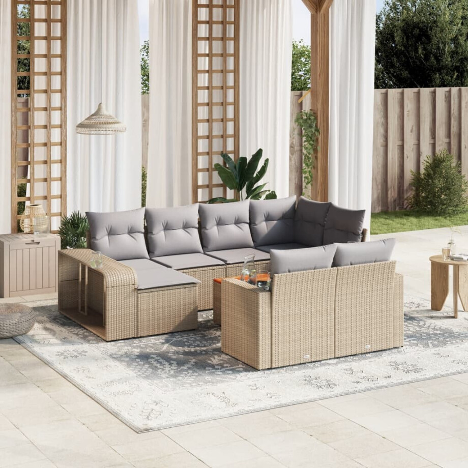 vidaXL 11-delige Tuinset met kussens poly rattan beige afbeelding 1