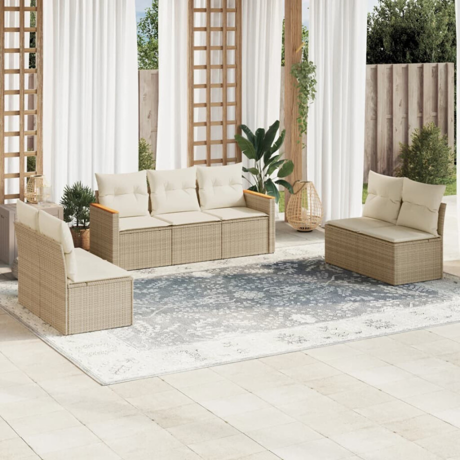 vidaXL 7-delige Loungeset met kussens poly rattan beige afbeelding 1