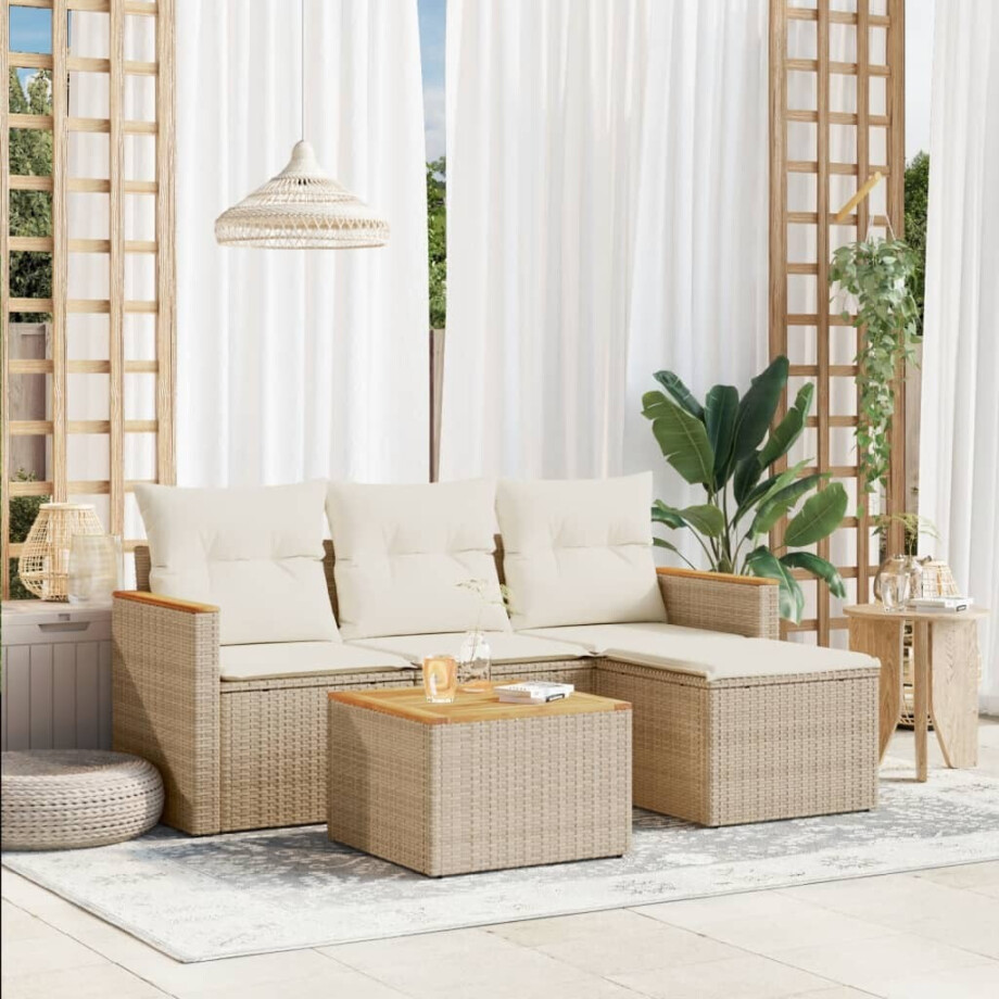 vidaXL 5-delige Loungeset met kussens poly rattan beige afbeelding 1