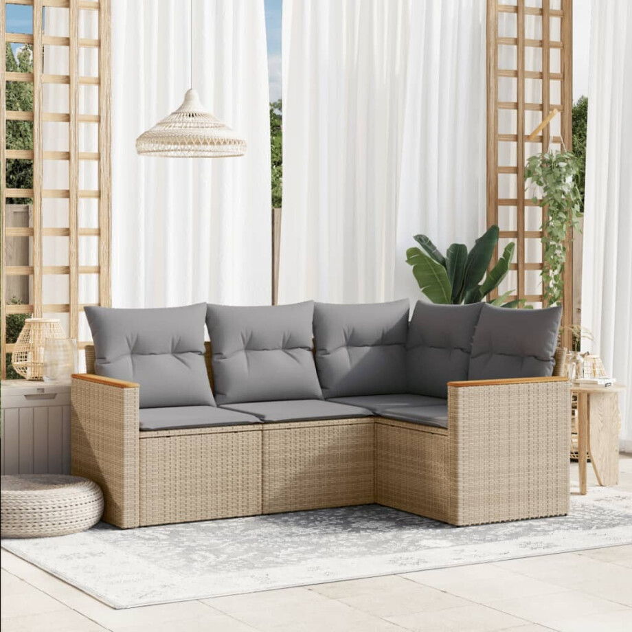 vidaXL 4-delige Loungeset met kussens poly rattan gemengd beige vidaXL 4-delige Loungeset met kussens poly rattan gemengd beige afbeelding 1