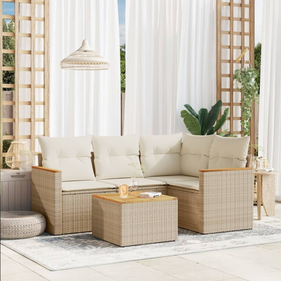 vidaXL 5-delige Loungeset met kussens poly rattan beige afbeelding 1