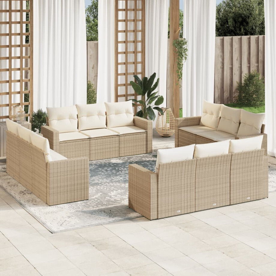 vidaXL 12-delige Loungeset met kussens poly rattan beige afbeelding 1