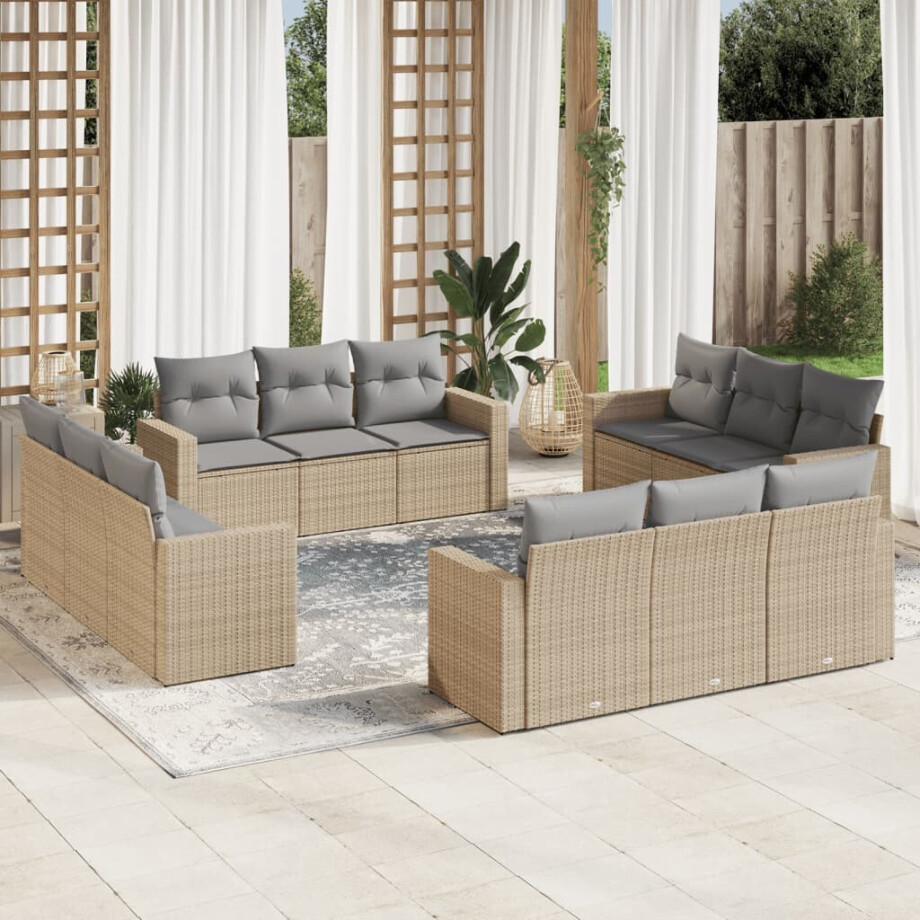 vidaXL 12-delige Loungeset met kussens poly rattan beige vidaXL 12-delige Loungeset met kussens poly rattan beige afbeelding 1